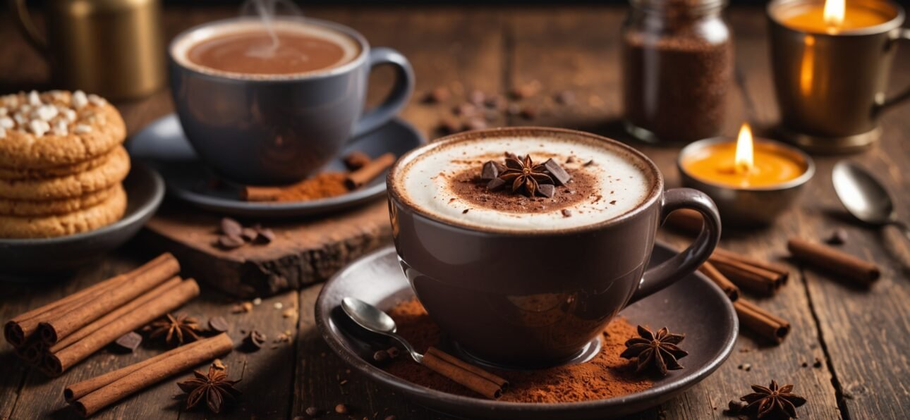 A creamy chocolate chai smoothie in a tall glass with whole spices like cardamom and cinnamon stick on a wooden surface with warm lighting