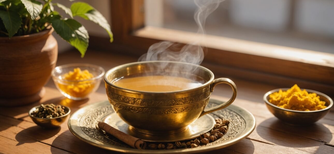 Traditional masala chai served in a cup with fresh ingredients