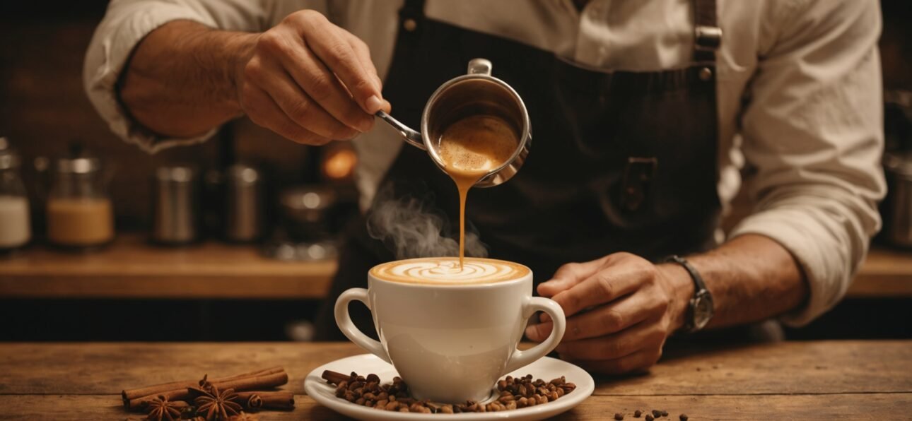 homemade masala chai in a glass cup with milk foam and spices