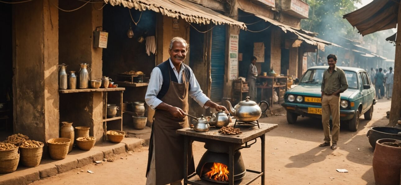 Traditional masala chai being prepared by an Indian chai wallah vendor