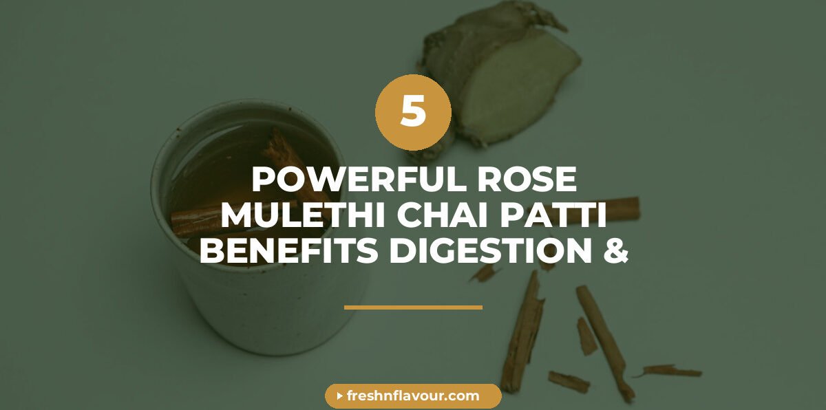 A warm cup of rose mulethi chai patti with floating rose petals and mulethi root in golden-amber bre