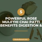 A warm cup of rose mulethi chai patti with floating rose petals and mulethi root in golden-amber bre