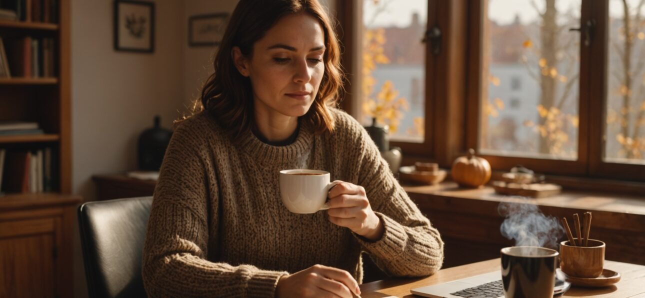 Workplace chai served in ceramic cup at office desk with laptop and documents