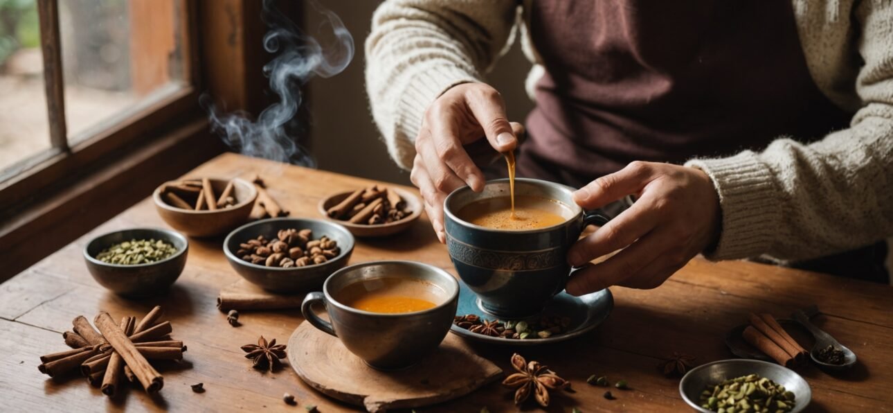 Freshly brewed masala chai in a traditional cup showing stress relief benefits