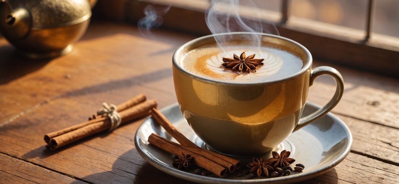 A steaming cup of golden FSSAI certification-approved chai with cinnamon and cardamom on a wooden surface, warm morning light