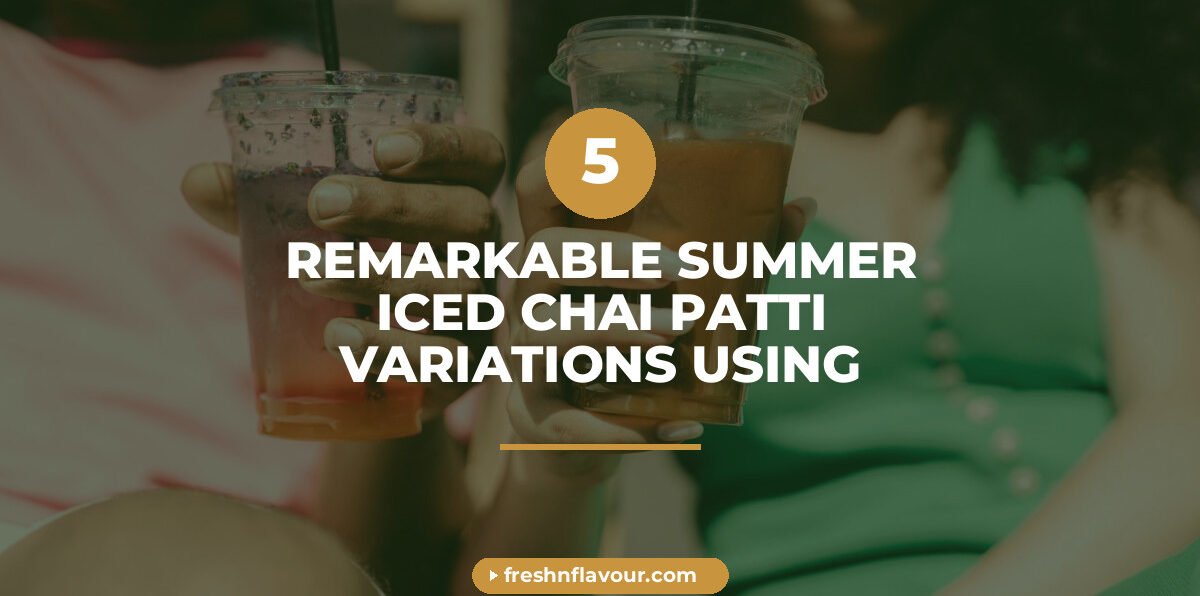 Summer iced chai patti served in a tall glass with rose petals and crushed ice on a wooden table wit