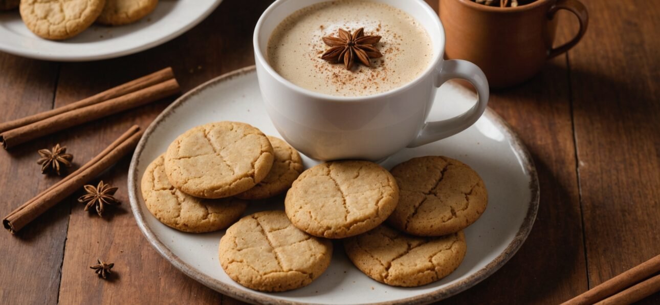 Golden chai-spiced cookies with cardamom pods and cinnamon sticks on wooden plate beside steaming ch