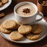 Golden chai-spiced cookies with cardamom pods and cinnamon sticks on wooden plate beside steaming ch