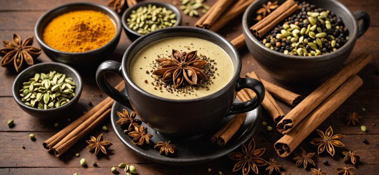 Traditional chai spices including cardamom, ginger, cinnamon and cloves arranged with scientific elements showing health benefits