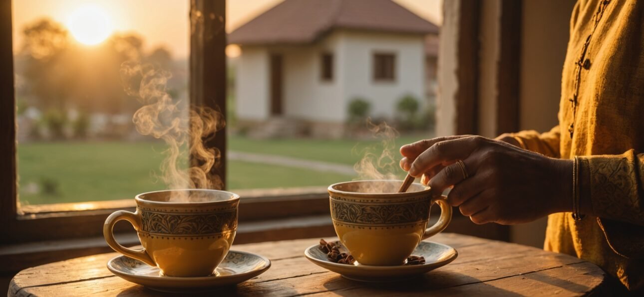 Traditional masala chai served in ceramic cup with steam rising, showing authentic Indian morning tea preparation