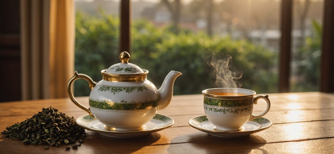 Steaming cup of brewed darjeeling fusion CTC chai with cardamom pods and loose tea leaves on wooden