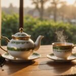 Steaming cup of brewed darjeeling fusion CTC chai with cardamom pods and loose tea leaves on wooden