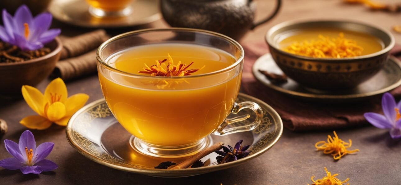 Golden cup of authentic saffron chai with real kesar threads showing health benefits