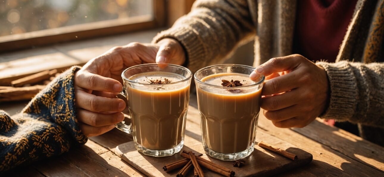 Traditional masala chai served in glass cup with spices and tea leaves
