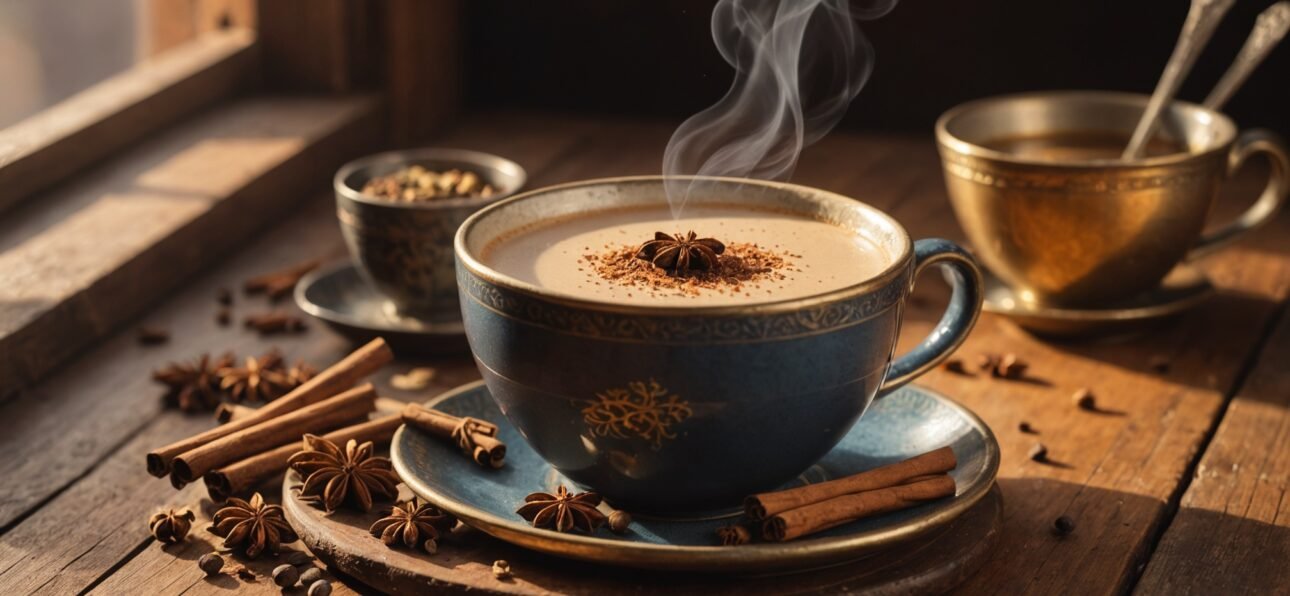 Steaming cup of masala chai made with natural ingredients like cardamom, ginger, and cinnamon on wooden table