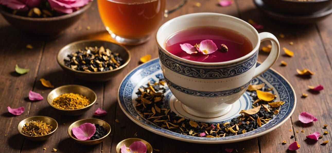 A warm cup of rose mulethi chai with floating rose petals and liquorice root, golden-amber colored b