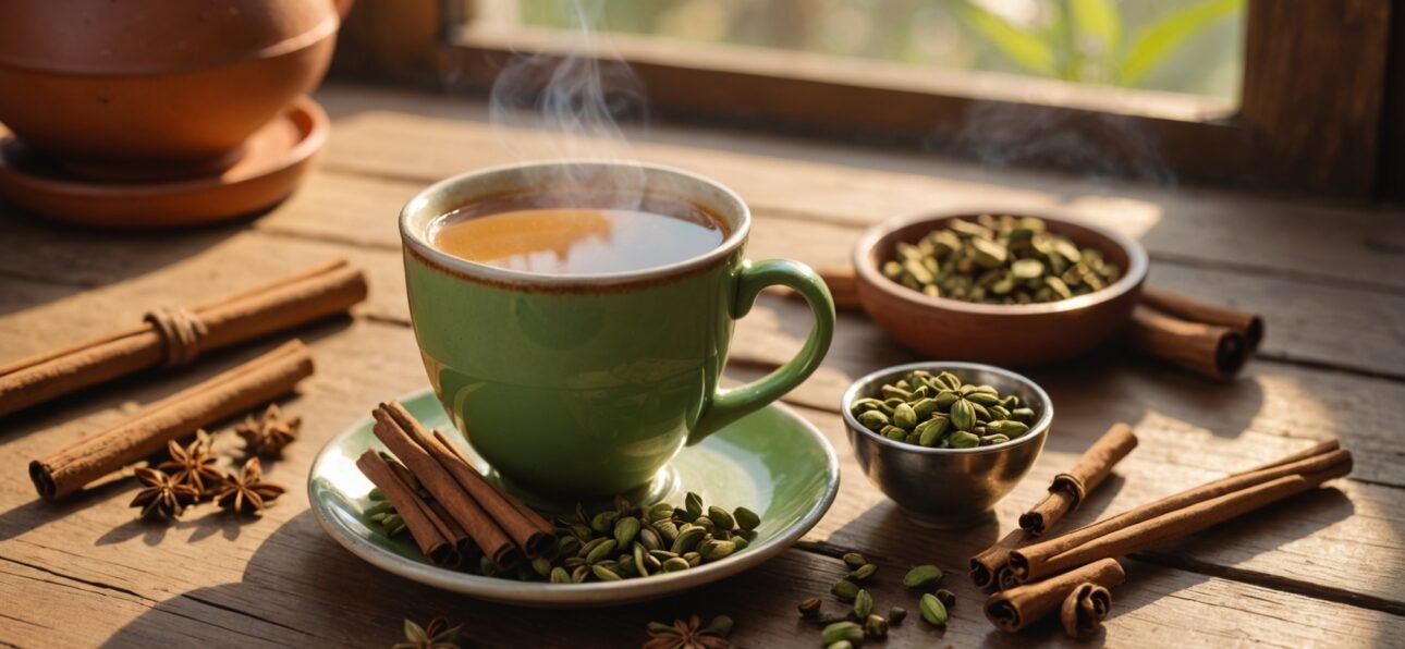 Cup of digestive chai with elaichi cardamom pods for natural gut health