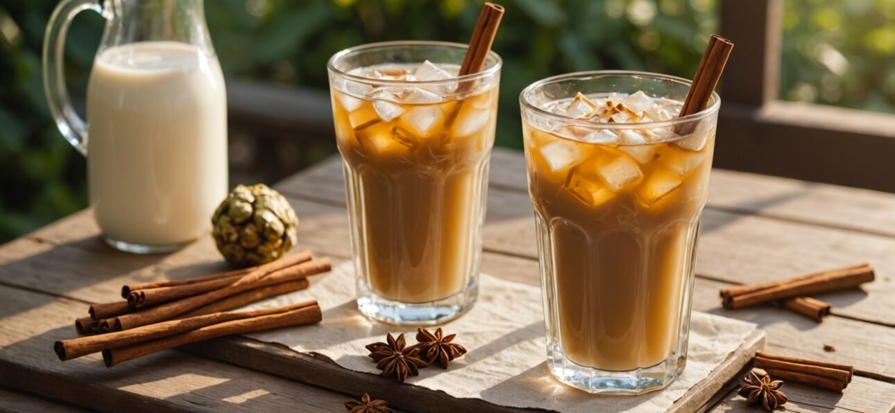 Golden iced chai in tall glass with ice cubes, cardamom pods and cinnamon sticks on wooden table, af