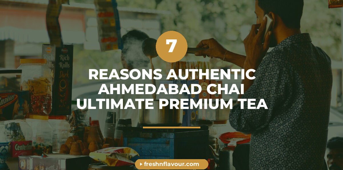 Steaming cup of authentic Ahmedabad chai with whole cardamom, nutmeg, and ginger spices on wooden ta