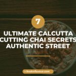 Golden Calcutta cutting chai in traditional brass pot with ginger, cardamom, and tea leaves