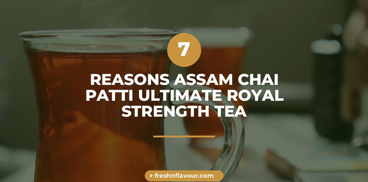 A steaming cup of golden Assam chai patti with loose tea leaves and fresh spices scattered on marble
