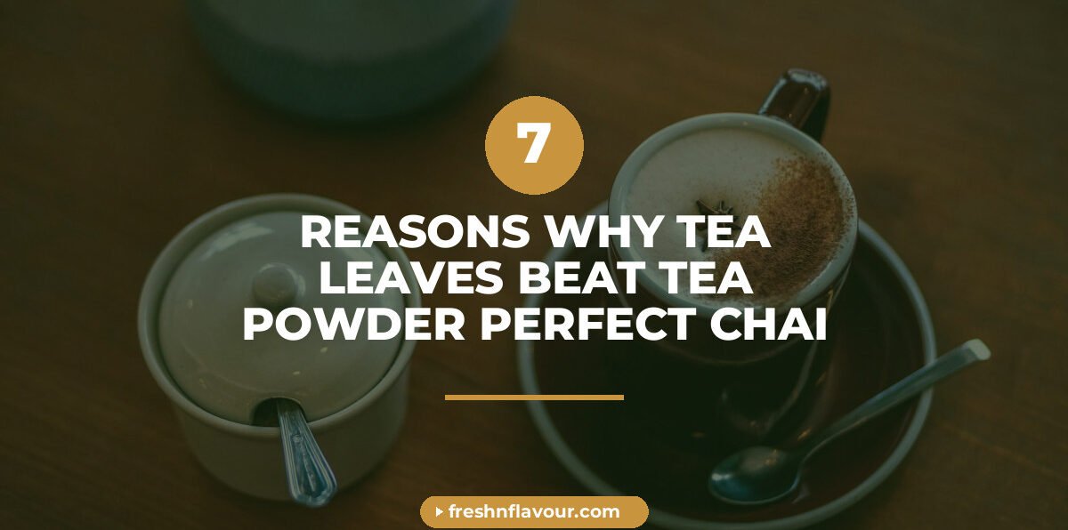 Premium tea leaves steeping in a cup of golden chai with whole spices like cardamom and ginger scatt