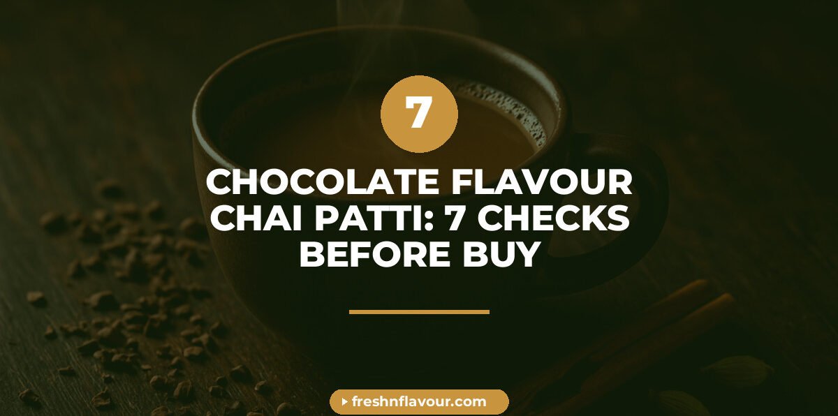 Cup of chocolate flavour chai patti with cocoa nibs and cinnamon on wooden table