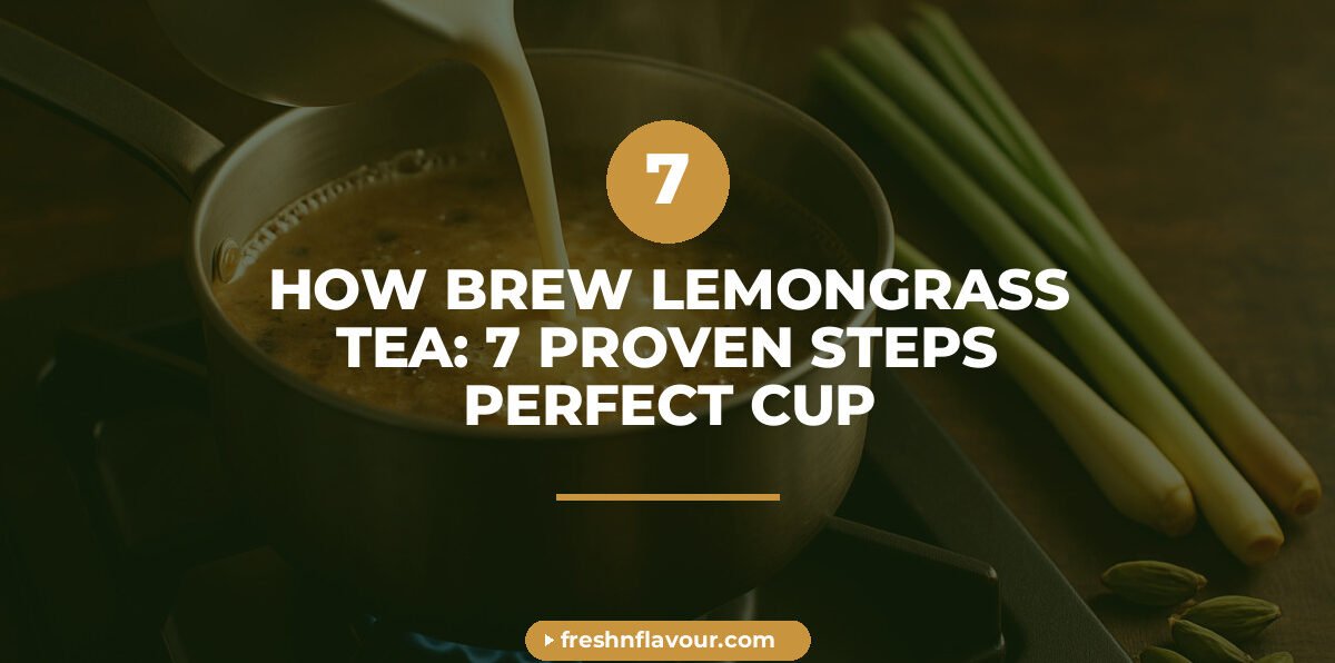 Lemongrass chai brewing in a saucepan with milk and fresh lemongrass stalks