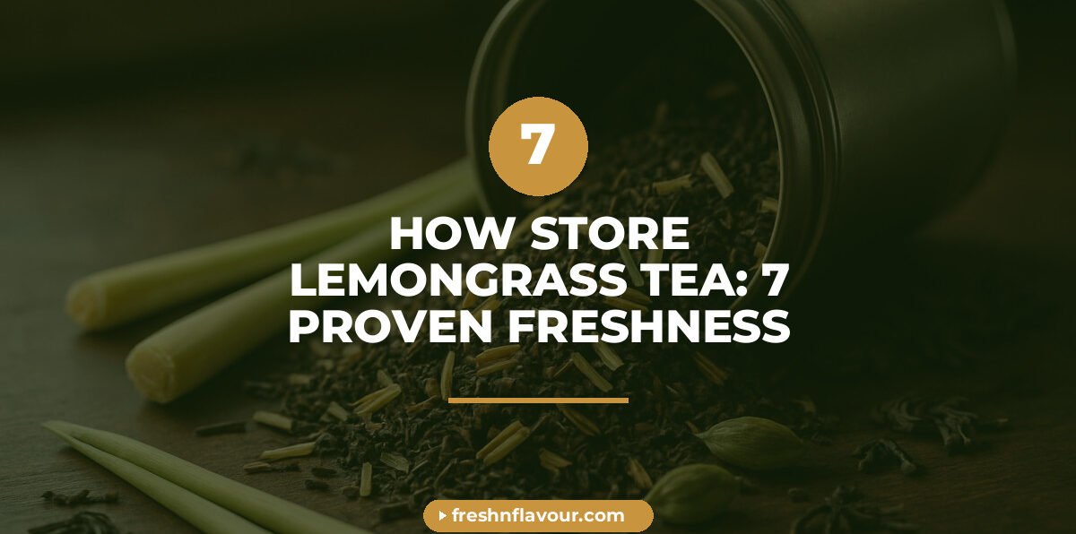 Airtight tin showing how to store lemongrass tea with scattered lemongrass and cardamom