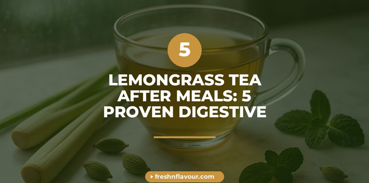 Cup of lemongrass tea after meals with cardamom and mint on marble counter