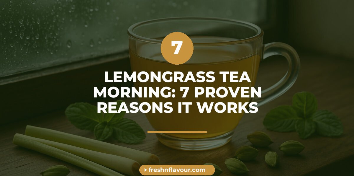 Steaming cup of lemongrass tea in morning light with cardamom and mint