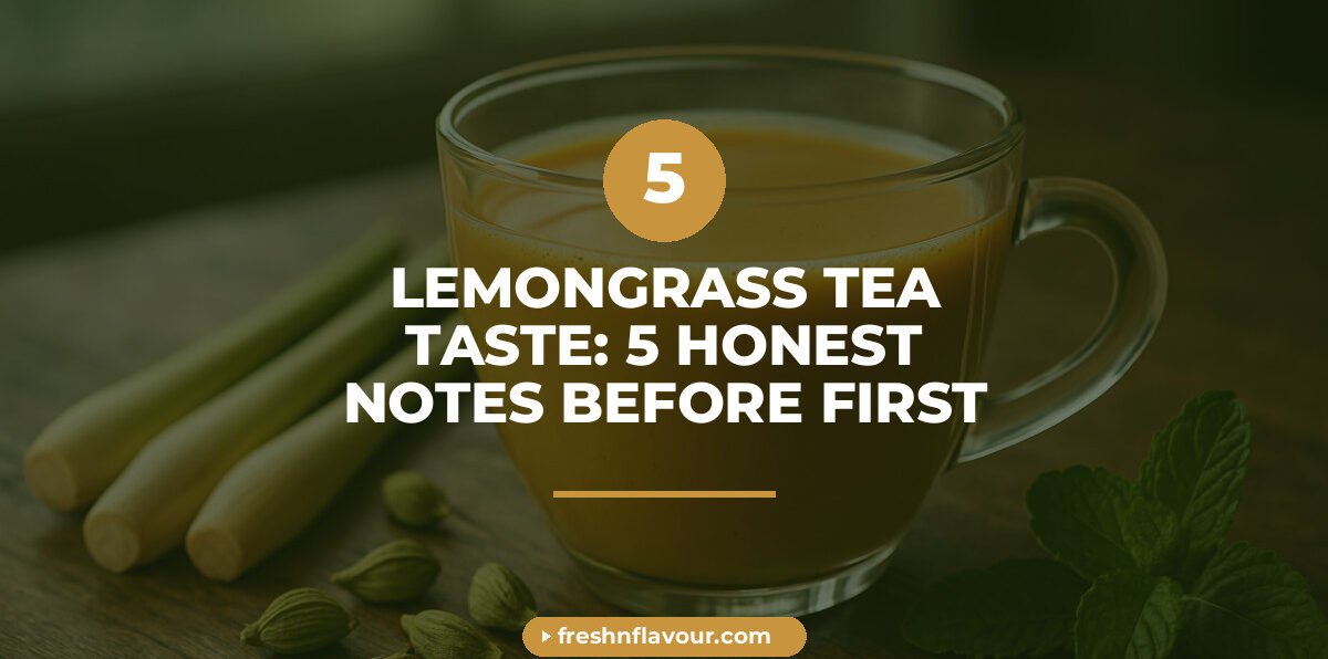 Cup of chai showing lemongrass tea taste with fresh lemongrass and cardamom scattered nearby