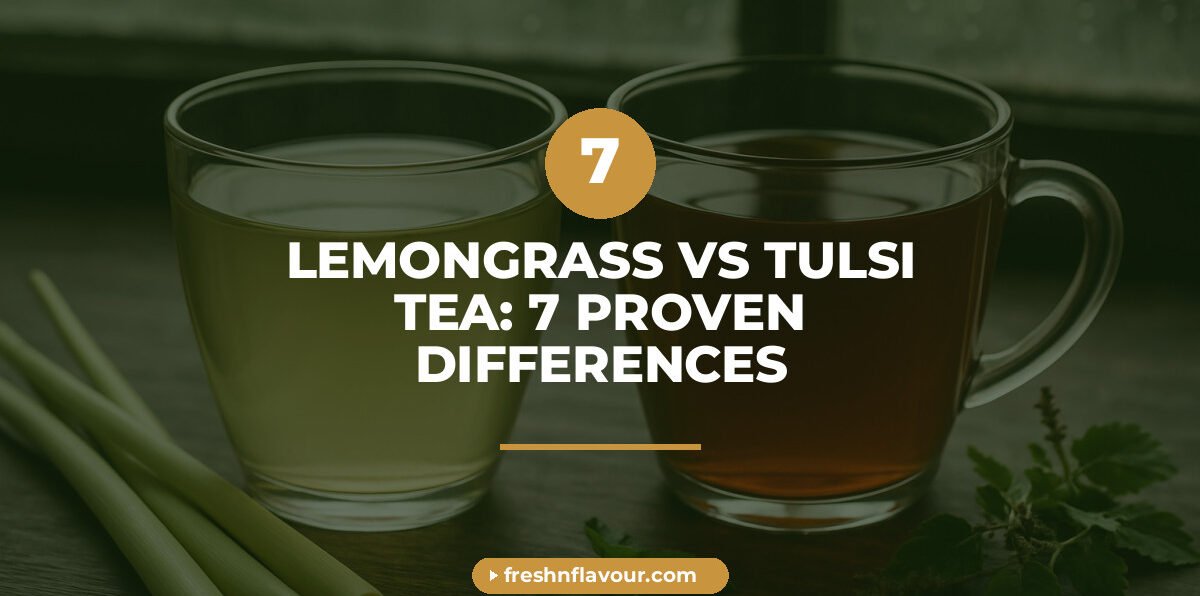 Lemongrass vs tulsi tea comparison in two glass cups with fresh herbs