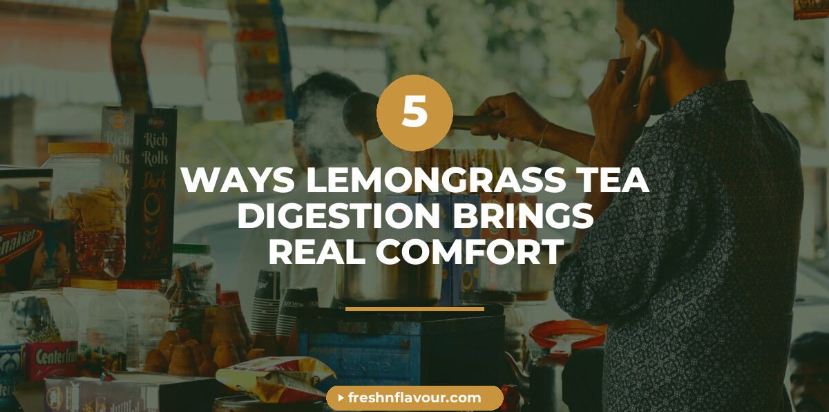Cup of lemongrass tea for digestion with fresh lemongrass and cardamom scattered nearby