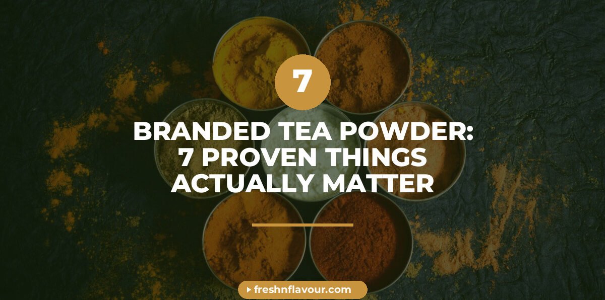 Branded tea powder chai in a glass cup with cardamom and lemongrass