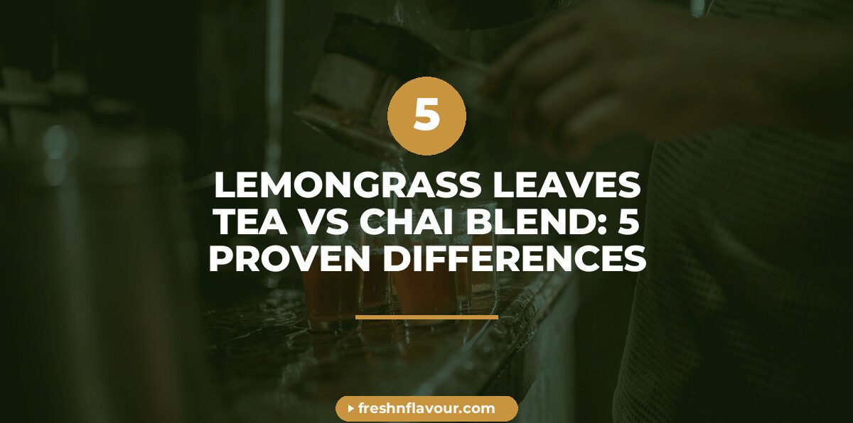 Cup of lemongrass leaves tea style chai blend with lemongrass stalks and cardamom on marble counter