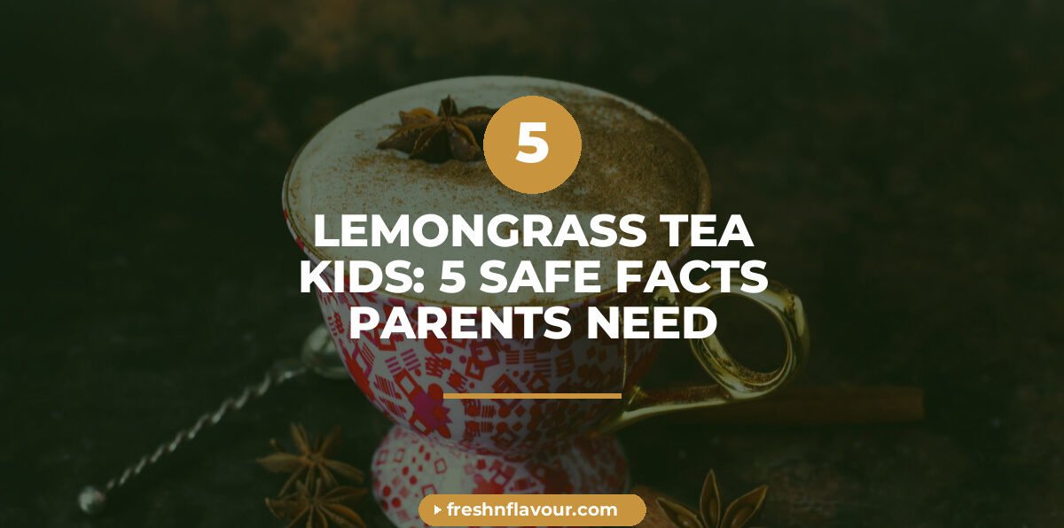 Warm cup of lemongrass tea for kids with fresh lemongrass and cardamom on wooden table