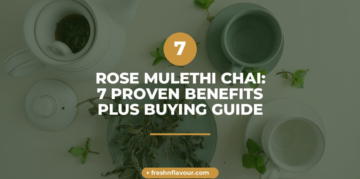 Cup of rose mulethi chai with rose petals and mulethi root on marble counter