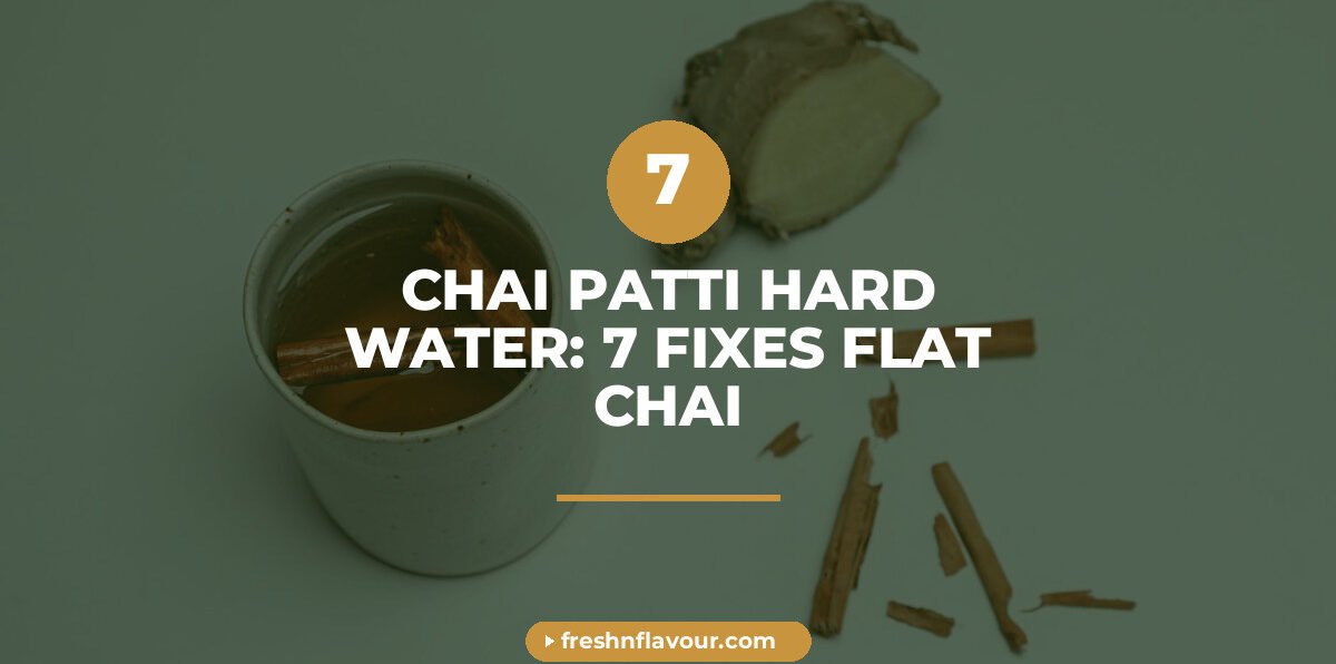 Cup of strong chai brewed with chai patti for hard water surrounded by ginger and cardamom