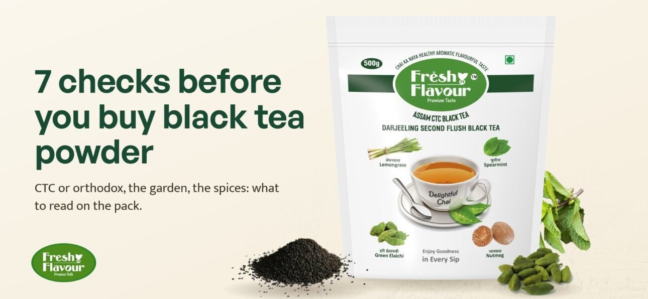 Delightful Chai 500 g pouch with CTC tea granules, green cardamom and mint, with the headline 7 checks before you buy black tea powder