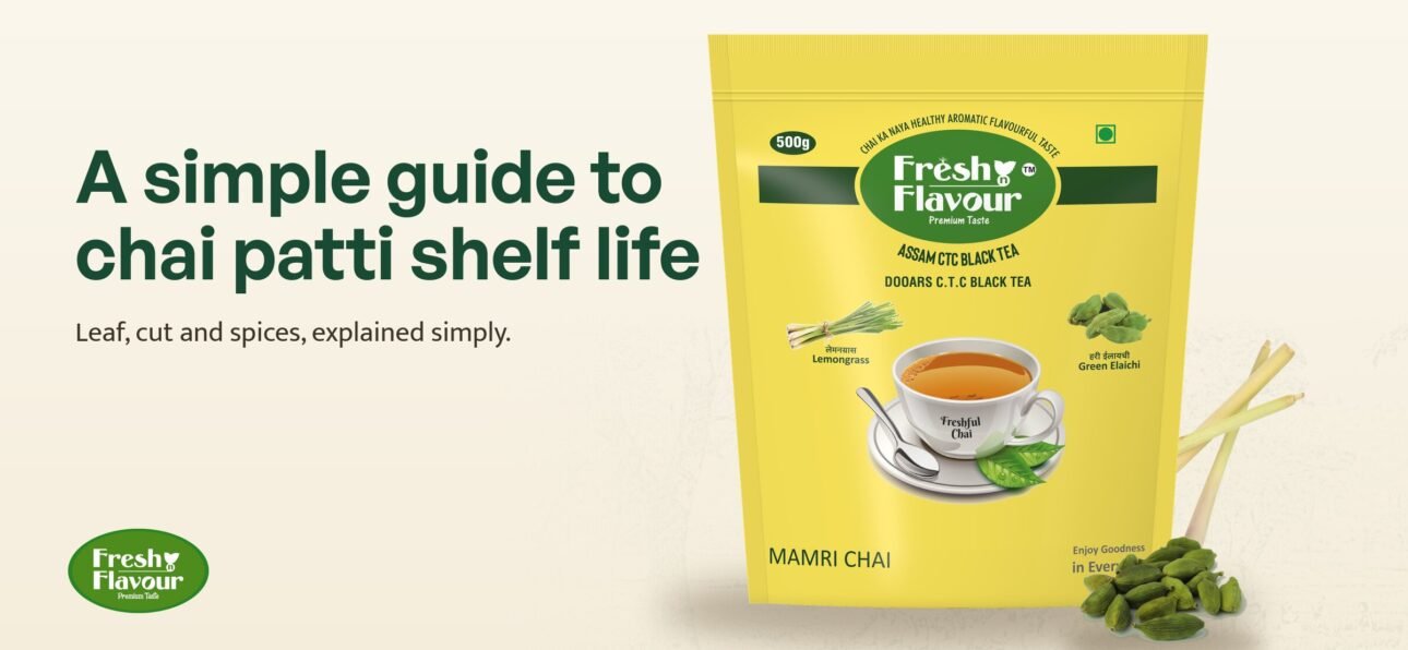Freshful Chai 500 g pack with the headline: A simple guide to chai patti shelf life