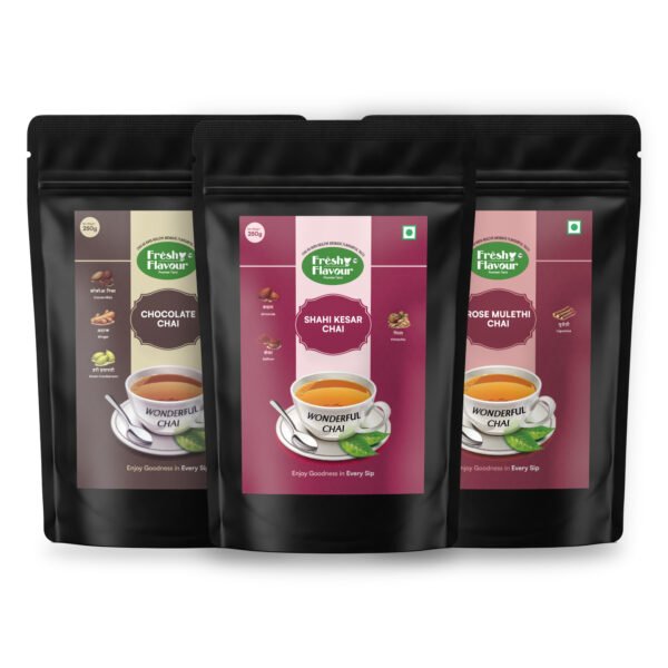 Fresh n Flavour Festive Trio: Shahi Kesar + Chocolate + Rose Mulethi Chai Combo — 750g (3 × 250g)