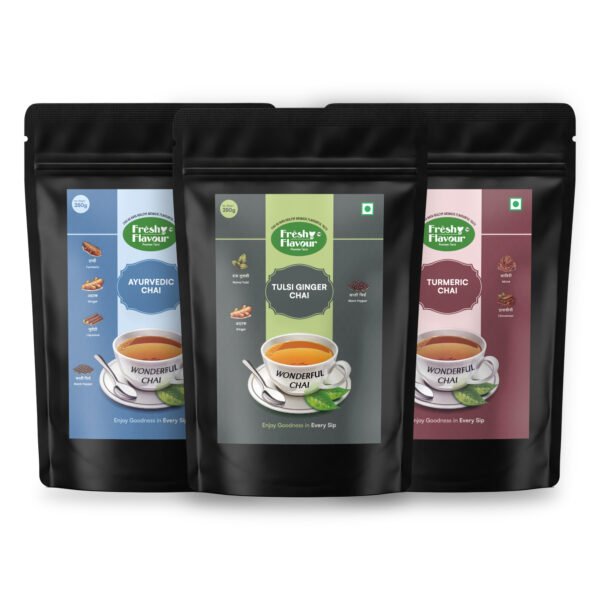 Fresh n Flavour Herbal Trio: Tulsi Ginger + Ayurvedic + Turmeric Chai Combo — 750g (3 × 250g)